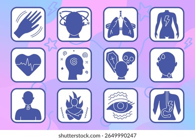 Panic symptoms set icon. Trembling, dizziness, lung pressure, body pain, fast heart rate, mental confusion, death fear, excessive sweating, throat lump, burning, eye strain, stomach tension.