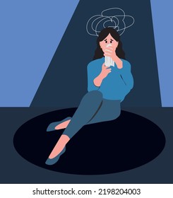 panic syndrome concept, woman sitting on the floor with handkerchief on her face feeling fear and sadness, illustration of a depressed woman.