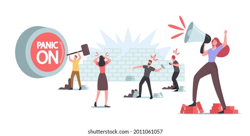 Panic, Violence Riot, Looting, Aggressive Herd Behavior Concept. Male Characters Throw Stones, Woman Yell to Loudspeaker, Huge red Button On. Damage, Conflict. Cartoon People Vector Illustration