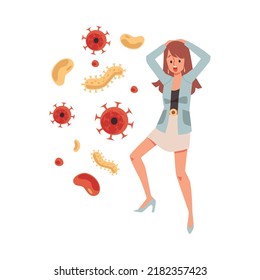Panic woman scared and afraid of viruses, flat vector illustration isolated on white background. Human fear and phobia, anxiety of viral and microbial diseases.