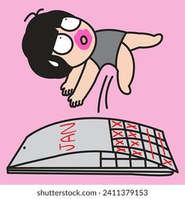 Panic Yet Funny Girl Jumping Out Off The January's Month Full List Of Booked Schedule. The Busy Calendar Concept Card Character illustration