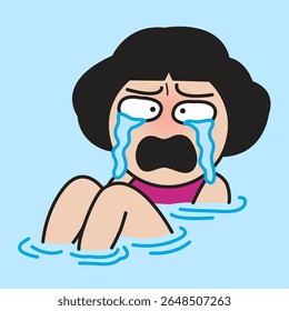Panic Young Lady Drowning In A Lake Of Her Own Tears Concept Cartoon Character illustration