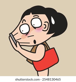 Panic Young Lady's Face Sucked Into Her Cell Phone Concept Cartoon Character illustration