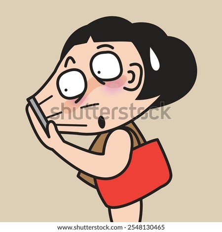 Panic Young Lady's Face Sucked Into Her Cell Phone Concept Cartoon Character illustration