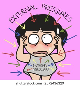 Panic Young Woman With Her Internal And External Pressures Concept Cartoon Character illustration