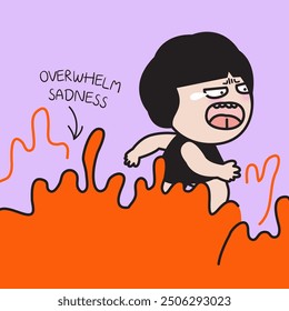 Mujer joven de pánico caminando a través del fuego en la ilustración del personaje de la tarjeta de concepto de tierra