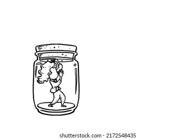 Panicked Business Woman Trapped In A Jar. Concept Of Trapped In Office Work, Cartoon Vector Illustration Design