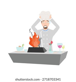 Chef asustado lidiando con el fuego en la Ilustración vectorial de la sartén