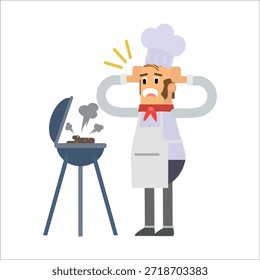 Chef asustado mirando la Ilustración vectorial de la parrilla de la barbacoa de fumar