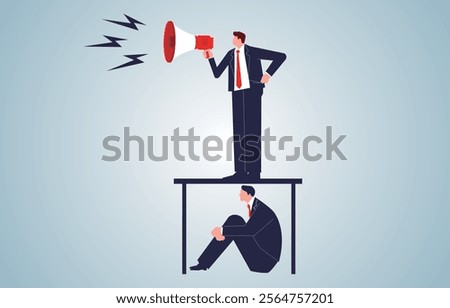 panicked employees hiding under their desks to avoid the noise of the boss shouting