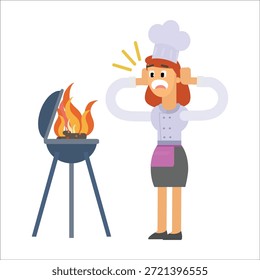 Chef mujer en pánico mirando la Ilustración vectorial de fuego de barbacoa en llamas