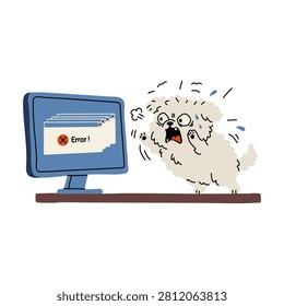 Panicked Fluffy Dog with Computer Error Illustration
