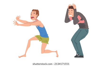 Panicked Man Afraid of Something Shouting with Fear and Escaping Feeling Scared and Terrified Vector Set