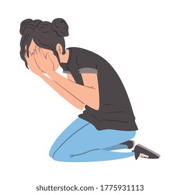 Panicked Man Sitting On The Floor On His Knees Covering Her Face With Her Hands, Anxiety Or Panic Attack, Stressed Or Depressed Nervous Person Vector Illustration