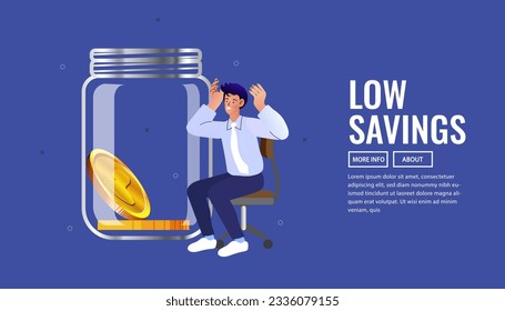 A panicked man is trapped in an empty glass jar, a concept for a "Low Savings" web banner. This illustration symbolizes financial problems, the stress of debt, and a lack of money.
