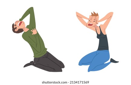 Panicked Man And Woman Afraid Of Something Sitting On The Floor And Shouting With Fear Feeling Scared And Terrified Vector Set