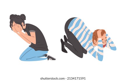 Panicked Man And Woman Afraid Of Something Sitting On The Floor And Shouting With Fear Feeling Scared And Terrified Vector Set