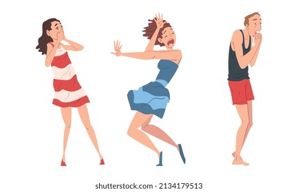 Panicked Man And Woman Afraid Of Something Shouting With Fear Feeling Scared And Terrified Vector Set