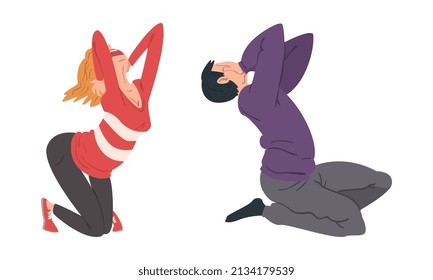 Panicked Man And Woman Afraid Of Something Sitting On The Floor And Shouting With Fear Feeling Scared And Terrified Vector Set