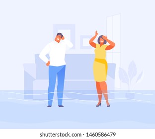 Panicked man and a woman in a flooded apartment. Vector cartoon graphics