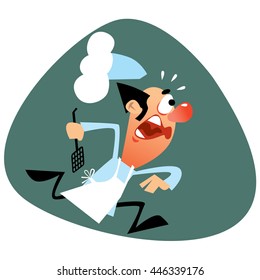 Panicked and running and hurry up bald Chef with big Chef's hat and red nose and cook blade. Green background. Vector based cartoon style.