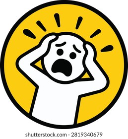 Panicked screaming man clutching head in circle frame illustration