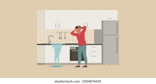 Panicked woman with head in hands and leaking kitchen sink: plumbing problems at home