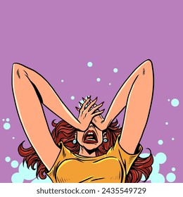 A panicked woman holds her face with her hands. A hopeless situation for business. Serious health and pain problems. Comic cartoon pop art retro vector illustration hand drawing