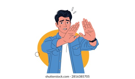 Panicked and worried young man raising his hands to stop or ward off something, with a sweat drop on his face.