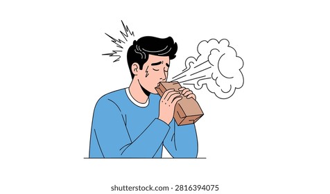 Panicked young man experiencing a severe anxiety attack and hyperventilating into a brown paper bag to calm down.