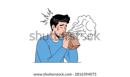 Panicked young man experiencing a severe anxiety attack and hyperventilating into a brown paper bag to calm down.