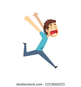 Panicked young man running and screaming desperately, emotional guy afraid of something vector Illustration on a white background