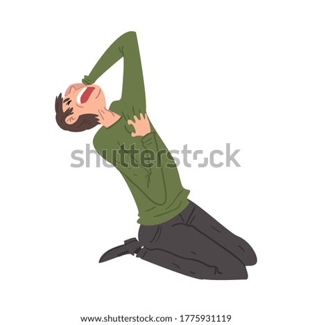 Panicked Young Man Sitting on the Floor on His Knees, Anxiety or Panic Attack, Stressed or Depressed Nervous Person Vector Illustration
