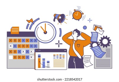 Panicking businessman or employee looking at deadlines and huge workload. Business organization failing to do things on time. Man with document and emails, calendars and meetings. Vector in flat style