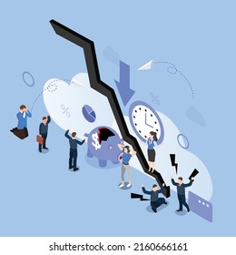 Panicking people amid world recession - collapse of stock market isometric 3d vector illustration concept for banner, website, illustration, landing page, flyer, etc.