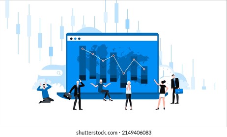 Panicking people in front of monitor with graph of falling stock prices. Animation ready duik friendly vector. Conceptual business story. Financial crisis, economic recession, bankruptcy, depression.