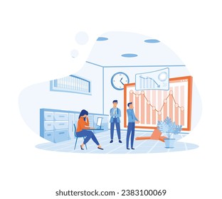 Panicking people in front of monitor with graph of falling stock prices. flat vector modern illustration 