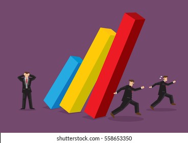 Panicky business professionals running away from bar chart collapsing. Creative cartoon vector illustration for unexpected business failure metaphor. 