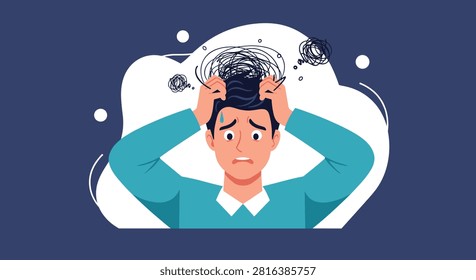 Panic-stricken young man holding his head with scribble lines indicating severe anxiety headache and mental health issues.