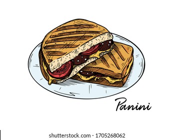 Panini isolated on white background. Sketch Italian dishes. Vector illustration in sketch style.