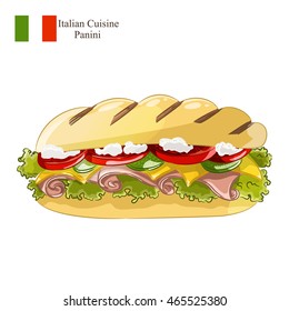 Panini isolated on white background. Italian sandwich vector design. Colorful sandwich icon. Panini cheese with ham vegetables and sauce. Famous Italian fastfood vector. Sandwich icon design. 