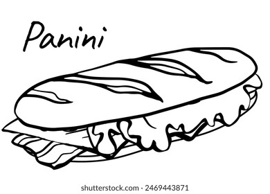 panini or sandwich sketch doodle Vector outline illustration with bacon, lettuce, cheese. Hand drawing Restaurant business concept for poster, flyer, card, menu, banner, coloring book.