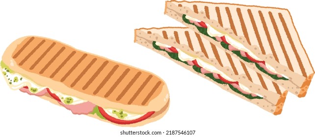 A panino is an Italian snack made of bread sandwiched between ingredients. Ingredients combine tomatoes, cheese, ham, lettuce, etc.