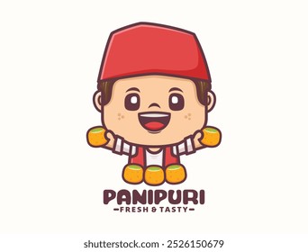 Diseño de mascota de dibujos animados Panipuri. Plantilla de logotipo de comida. Ilustración vectorial en estilo de contorno.