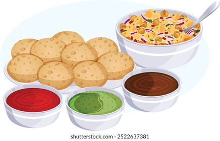 Ilustración detallada de Panipuri. Golgappay en Plato con Relleno y Chutneys en Cuencos Separados. Chutneys de Tamarindo, Menta e Imli. Arte de comida callejera india Auténtica 