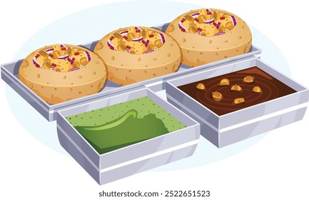 Panipuries Filled with Chaat on tray with Imli and Mint Chutneys in Separate Square Bowls. Indian Street Snacks Detailed Illustration 