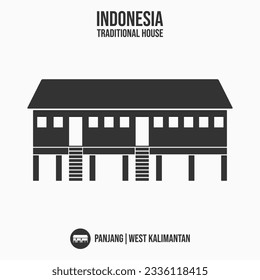 panjang, sencillo eps art grey bw casa plana blanca negra de kalimantan barat oeste, área local en indonesia asia. ícono antigua construcción de patrimonio cultural ancestral, diferente cultura cada región