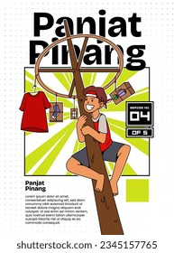 Panjat Pinang. Translation: Greased Pole Climbing. Poster Template. With Hand 
drawn Vector Illustration