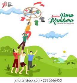 Panjat pinang vector with green savanna background. Savanna Puru Kambera Sumba Island view. People playing climbing game to celebrate Indonesian Independence day ( Lomba 17 agustusan )