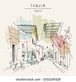 Panjim, India. Street in old town. Portuguese colonial style buildings.  Hand drawn cityscape. Quick travel sketch. Vintage artistic postcard, poster template. Vector illustration